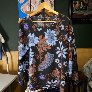 Emily rose size large Black Blouse with Blue and Brown Floral Design